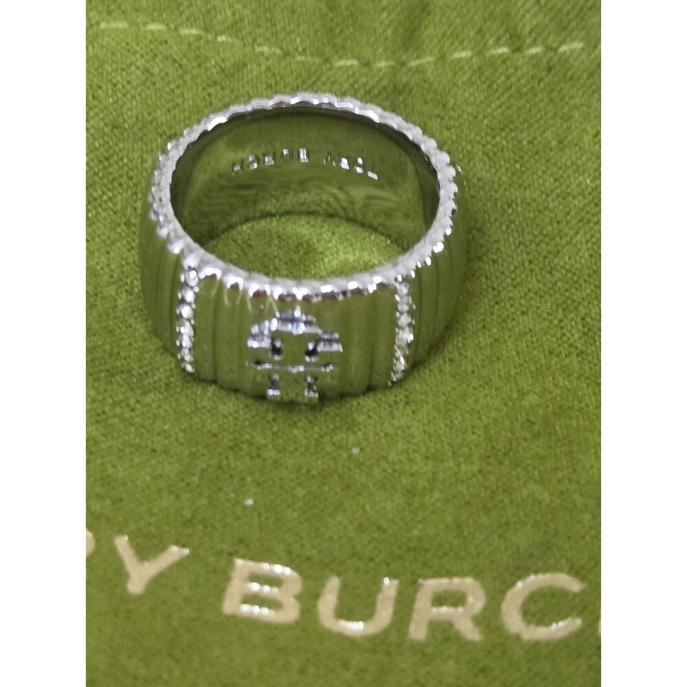 New Tory Burch Crystal Textured Pave Logo statement Ring in Silver Size 6